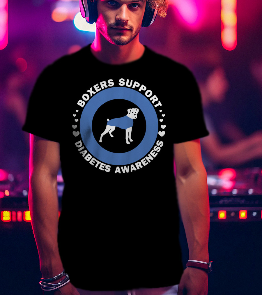 Boxers Support Diabetes Awareness With Heart Symbols And Boxer In Blue Circle T-Shirt