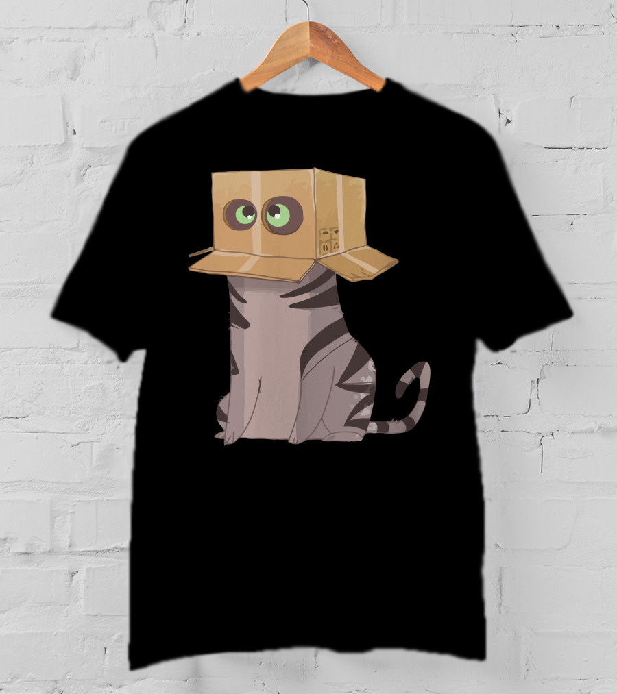 Cat In The Box With Big Eyes Wearing Cardboard Hat T-Shirt