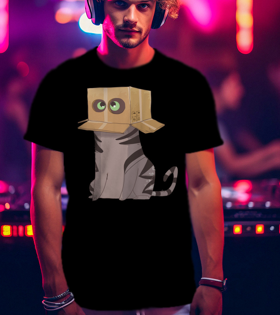 Cat In The Box With Big Eyes Wearing Cardboard Hat T-Shirt