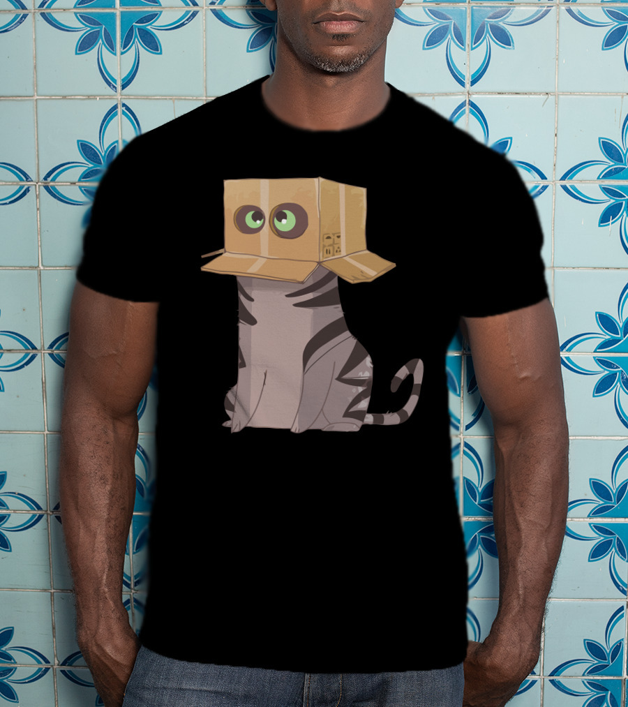 Cat In The Box With Big Eyes Wearing Cardboard Hat T-Shirt
