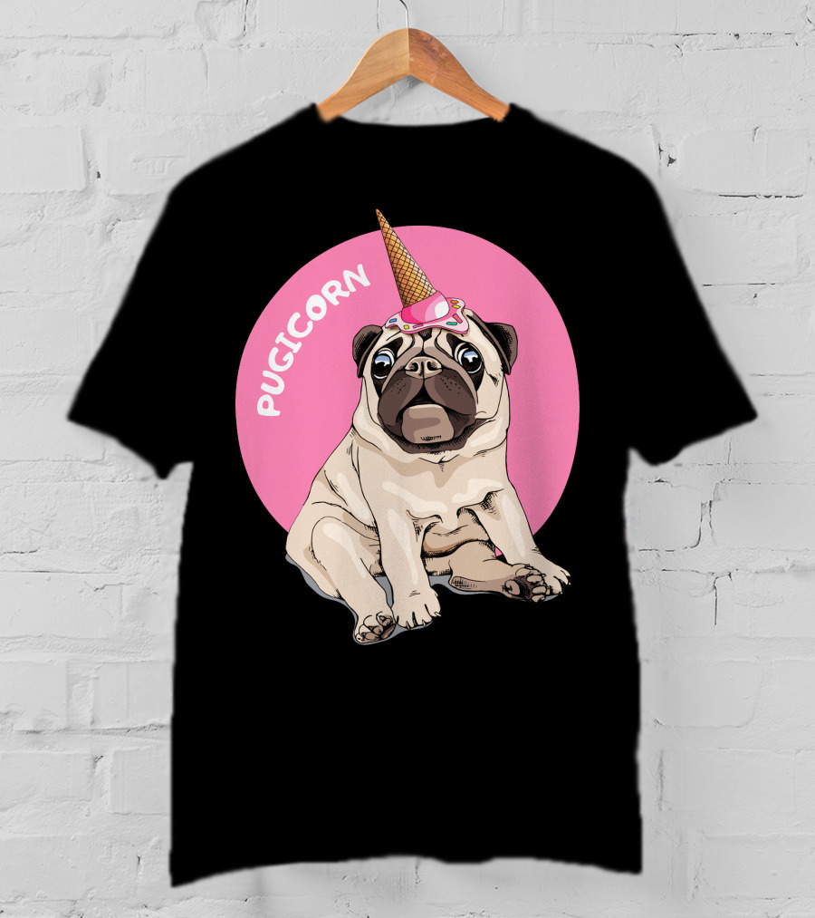 Pugicorn Ice Cream Cone Hat Sitting Pug Pink Circle T-Shirt