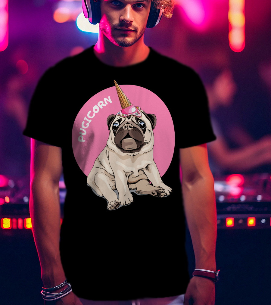 Pugicorn Ice Cream Cone Hat Sitting Pug Pink Circle T-Shirt