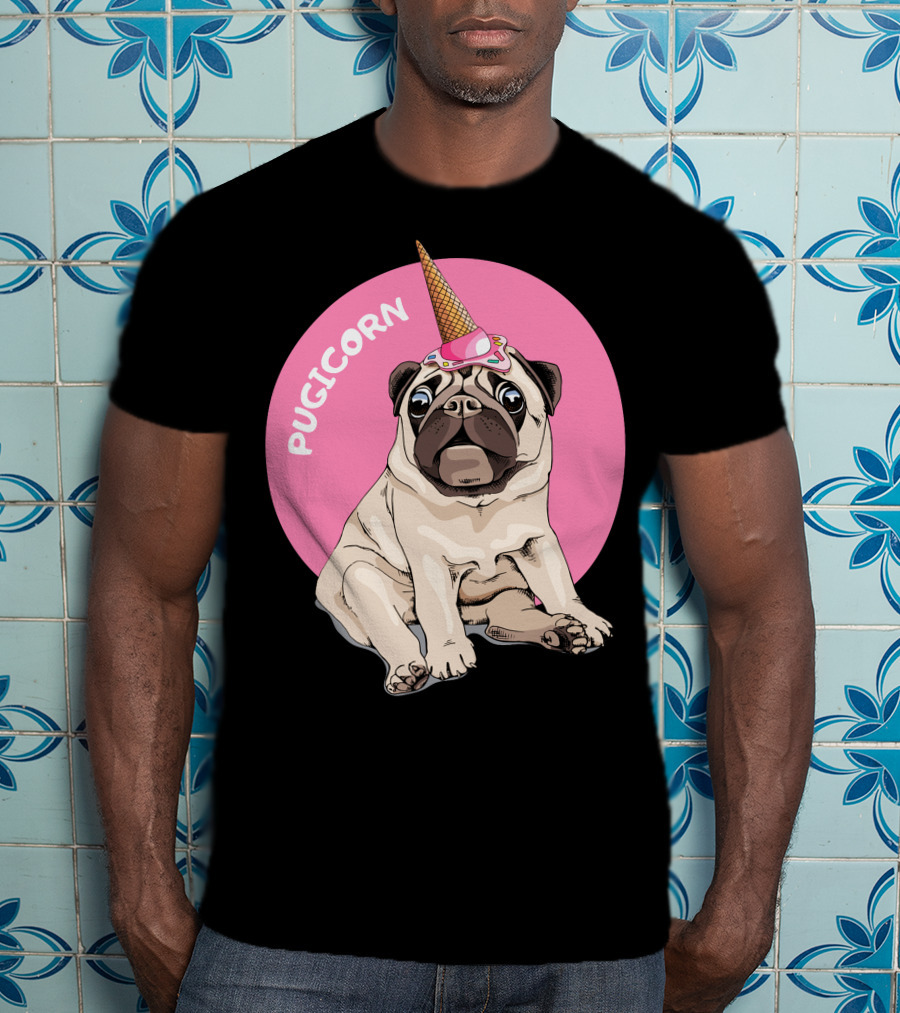Pugicorn Ice Cream Cone Hat Sitting Pug Pink Circle T-Shirt