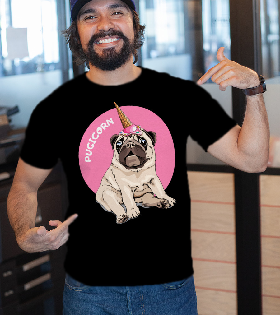 Pugicorn Ice Cream Cone Hat Sitting Pug Pink Circle T-Shirt