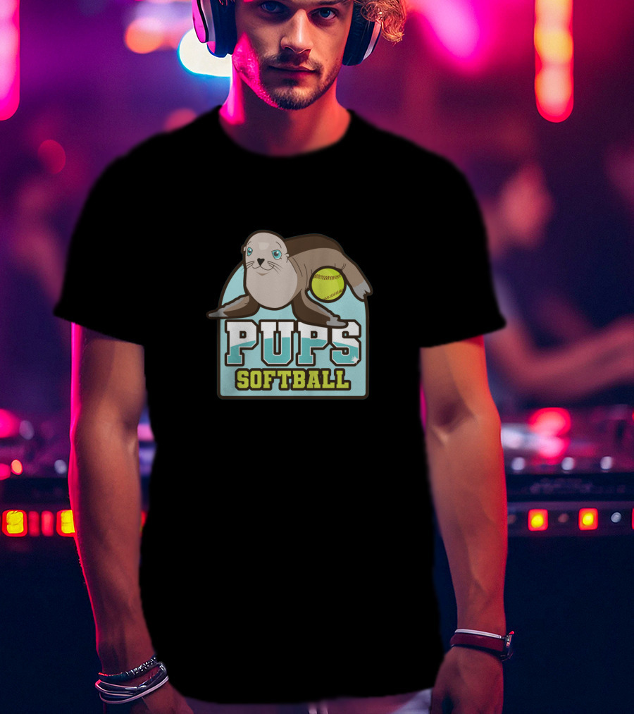 Pups Softball Seal With Yellow Ball T-Shirt