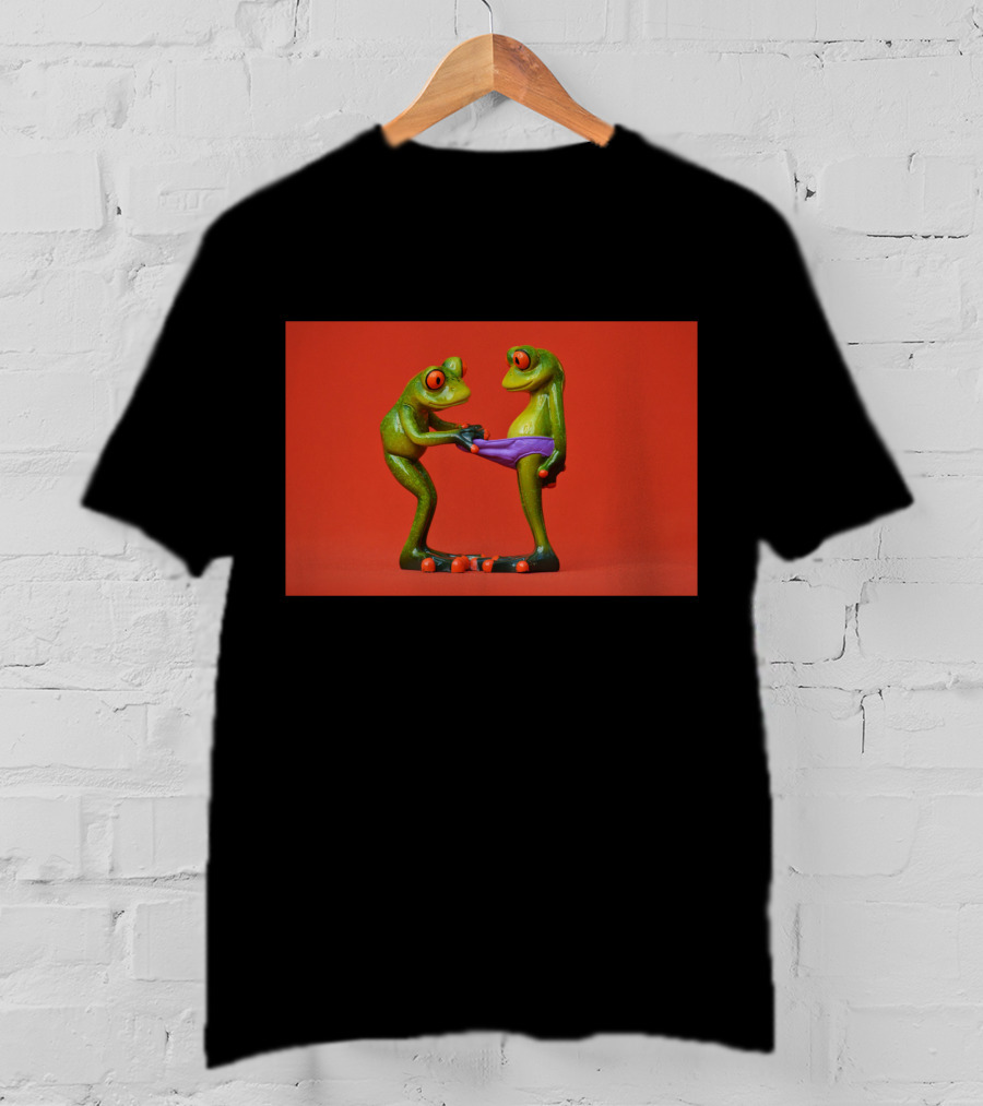 Quite Frog Green Figurines On Red Background With Purple Shorts T-Shirt
