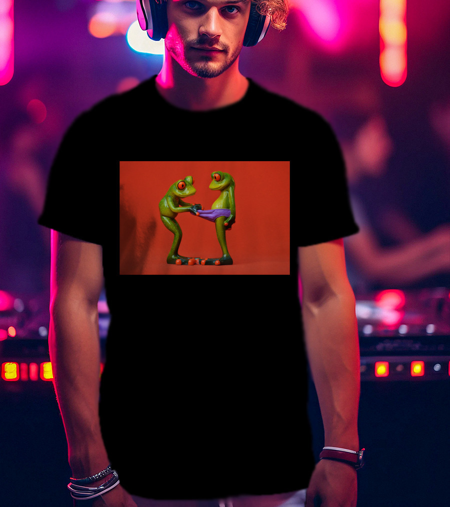 Quite Frog Green Figurines On Red Background With Purple Shorts T-Shirt