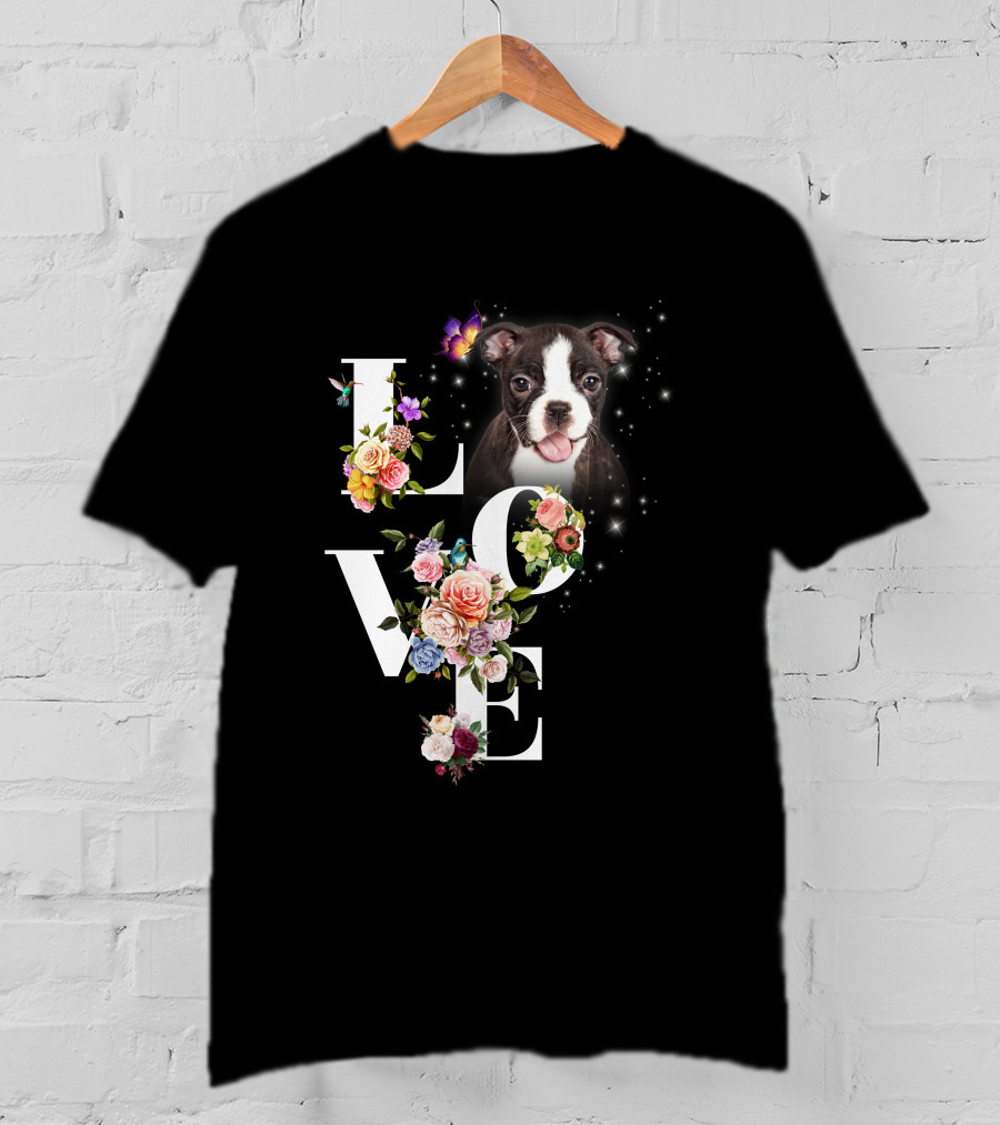 LOVE Boston Terrier Floral Butterfly T-Shirt