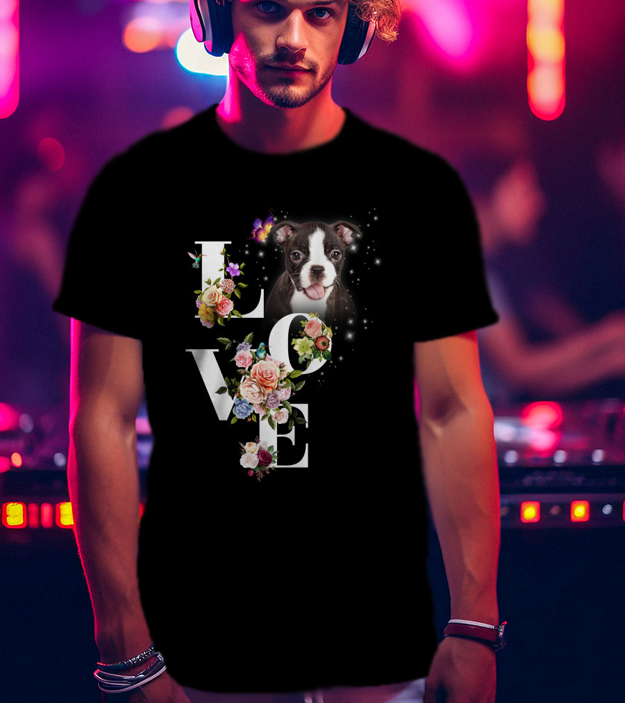 LOVE Boston Terrier Floral Butterfly T-Shirt