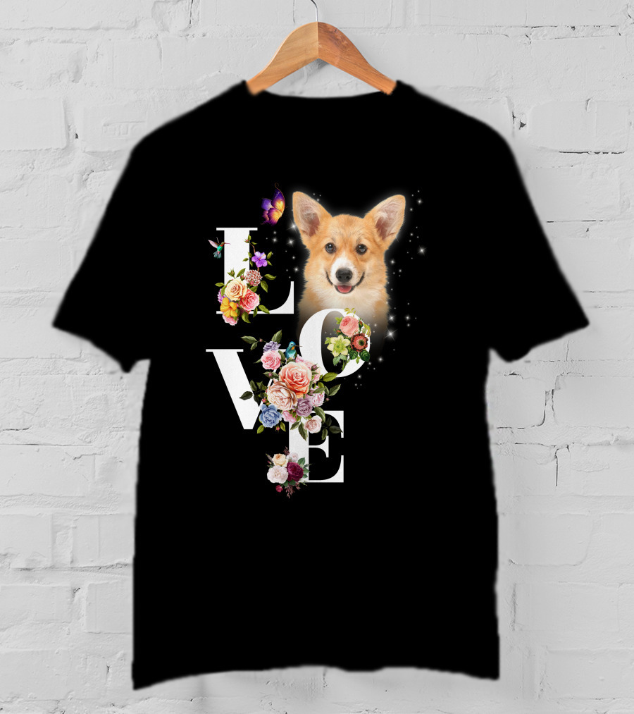 Love Corgi Floral Butterflies Sparkle T-Shirt