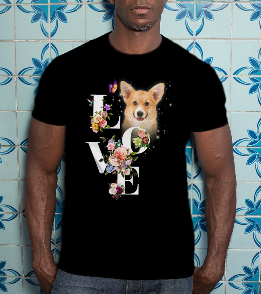 Love Corgi Floral Butterflies Sparkle T-Shirt