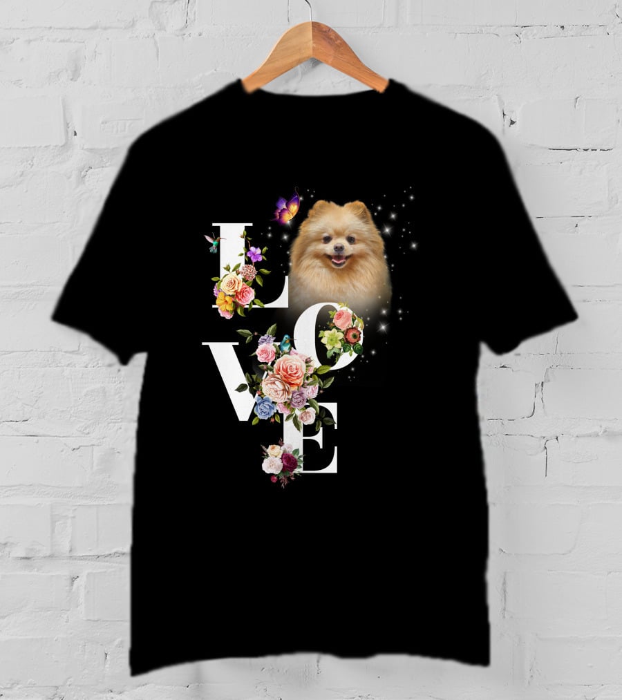 LOVE Pomeranian With Flowers And Butterfly T-Shirt