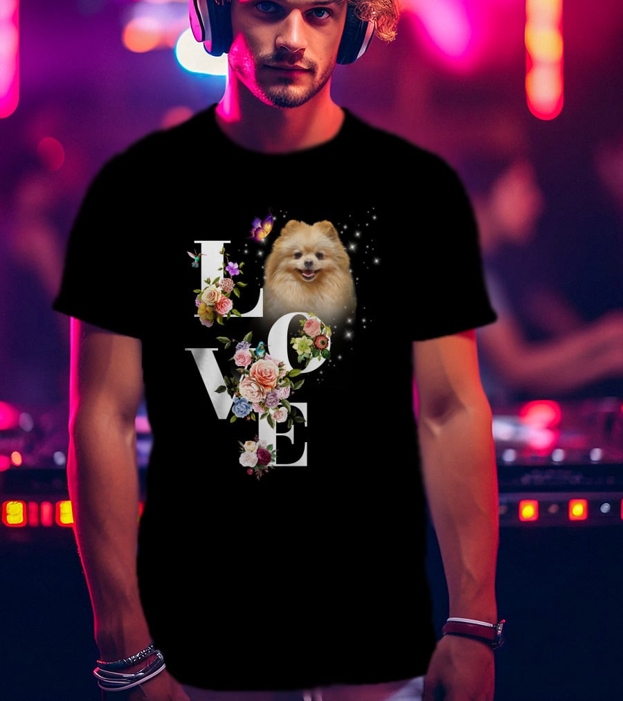 LOVE Pomeranian With Flowers And Butterfly T-Shirt