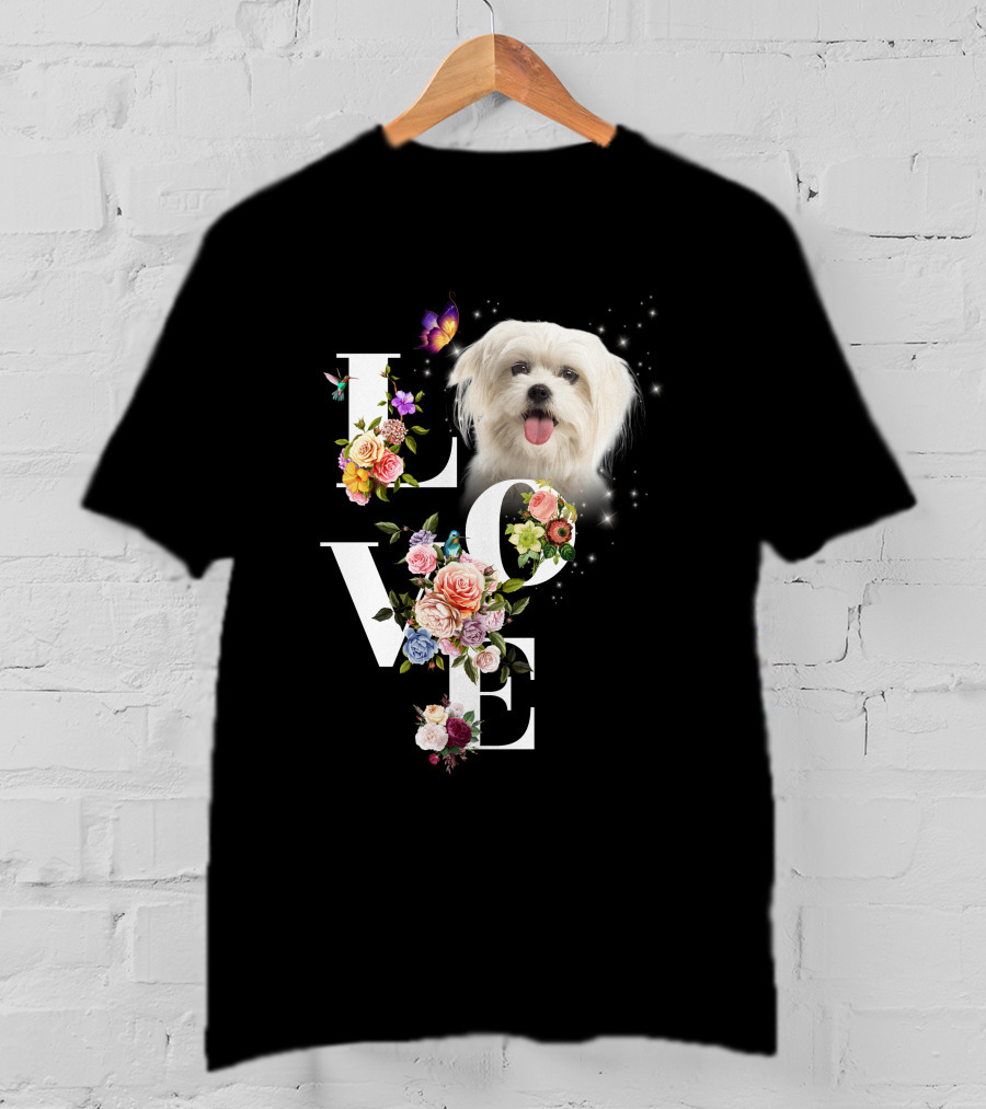 LOVE Maltese Dog Floral Butterfly T-Shirt