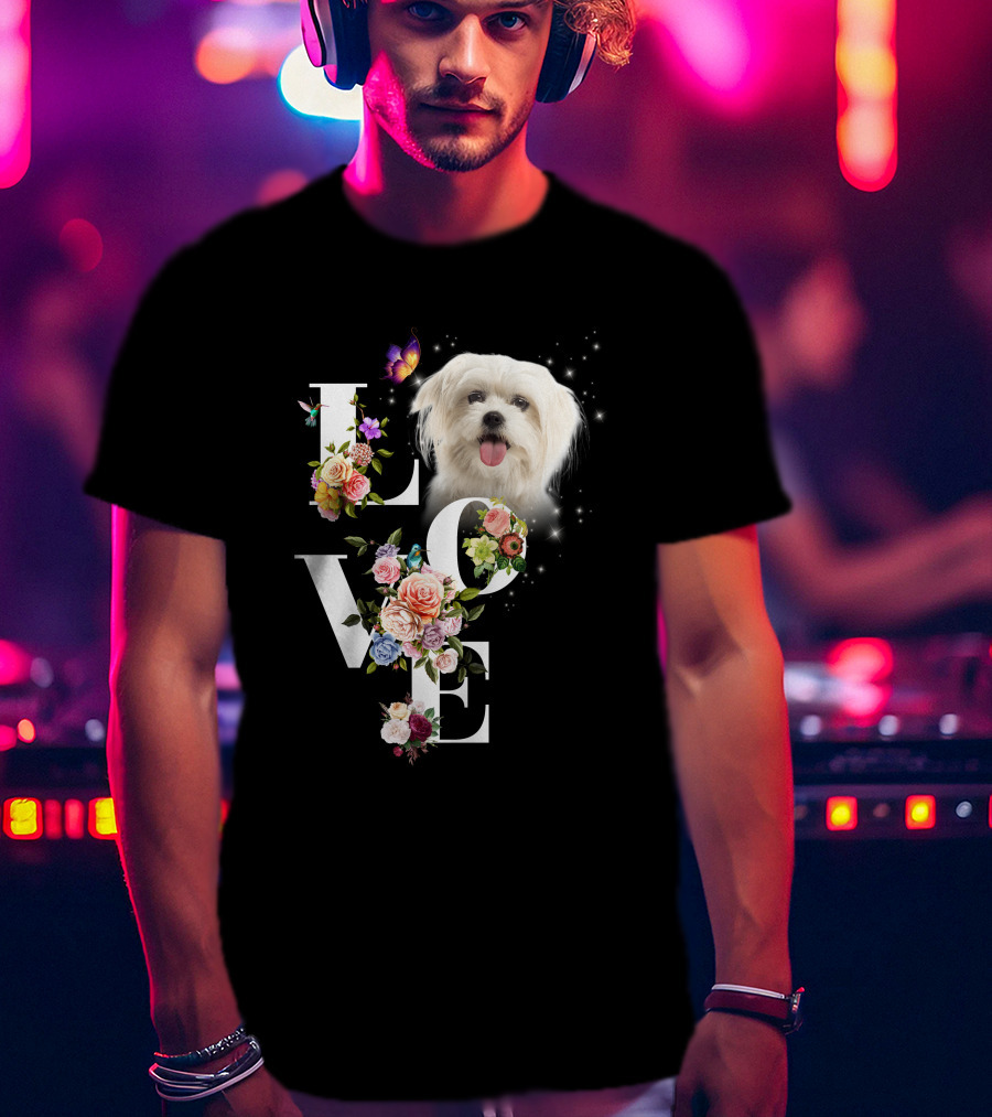 LOVE Maltese Dog Floral Butterfly T-Shirt