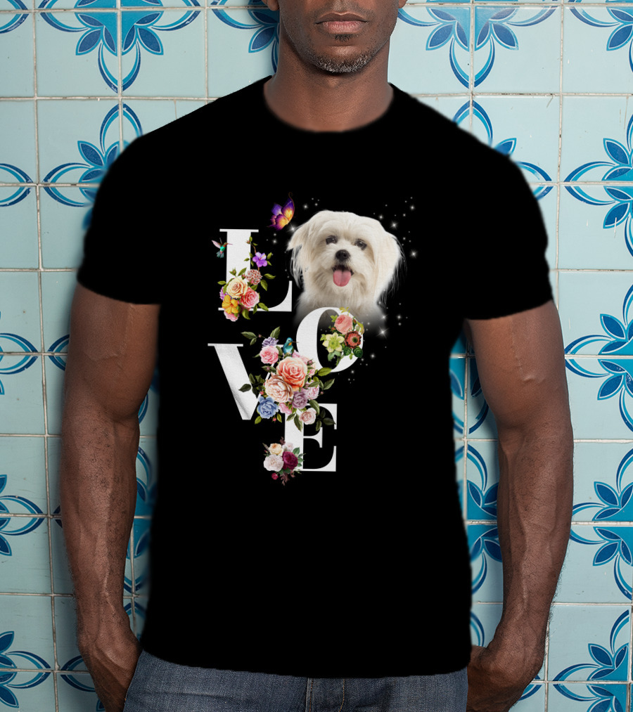 LOVE Maltese Dog Floral Butterfly T-Shirt