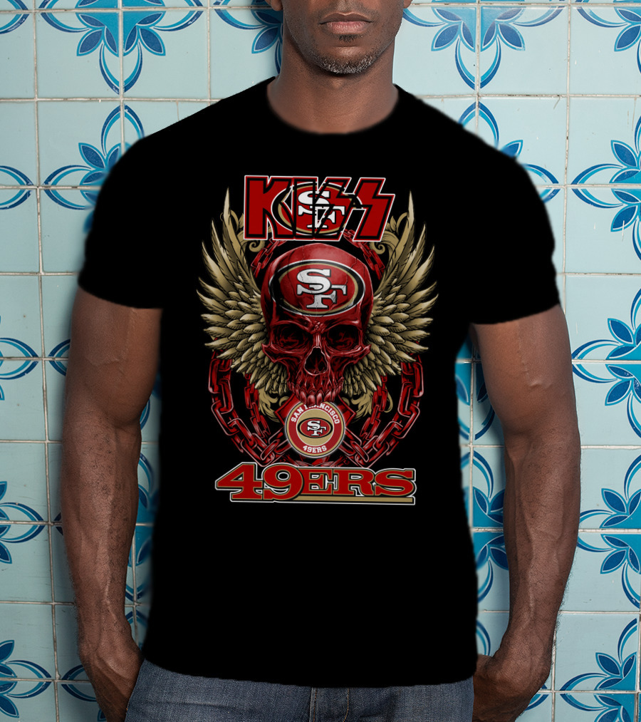 Kiss Nfl San Francisco 49ers Skull With Wings And Chains Football Theme T-Shirt