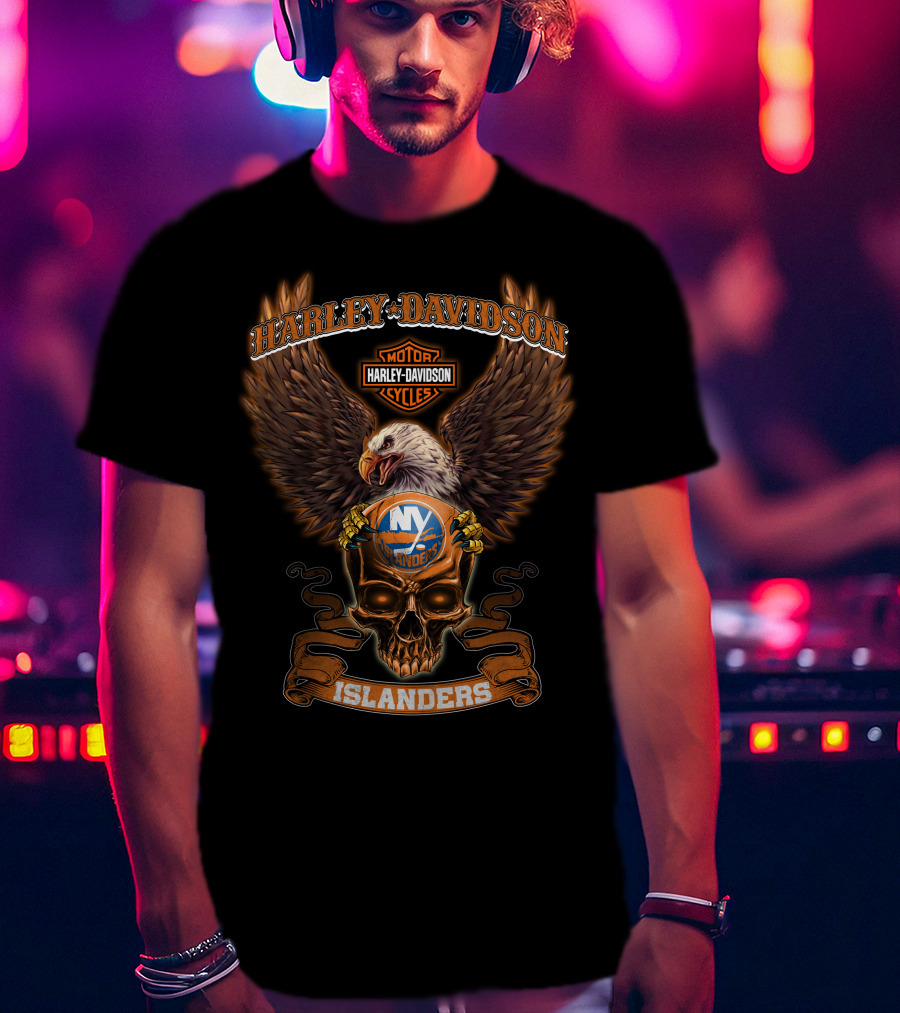 Harley Davidson Motor Cycles New York Islanders Eagle Skull T-Shirt
