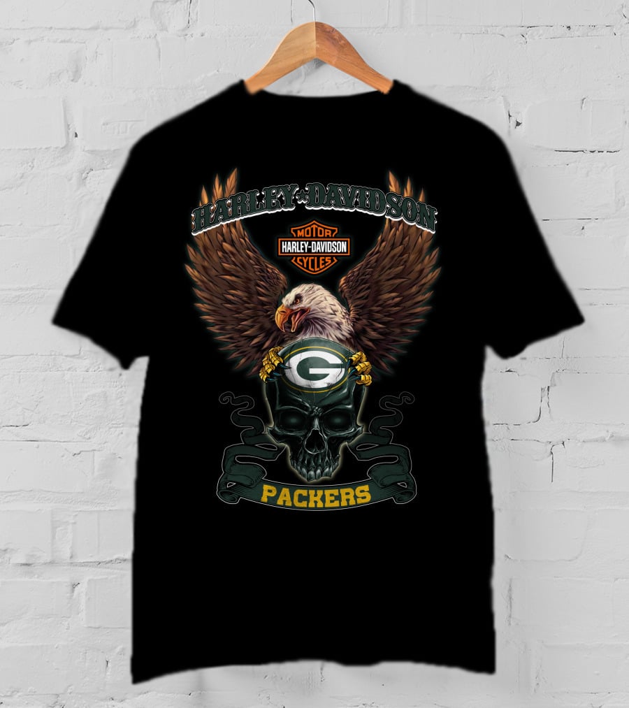 Harley Davidson Motor Cycles Green Bay Packers Eagle Skull T-Shirt