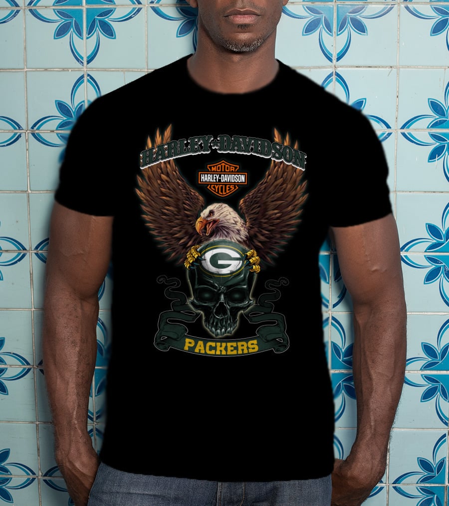 Harley Davidson Motor Cycles Green Bay Packers Eagle Skull T-Shirt