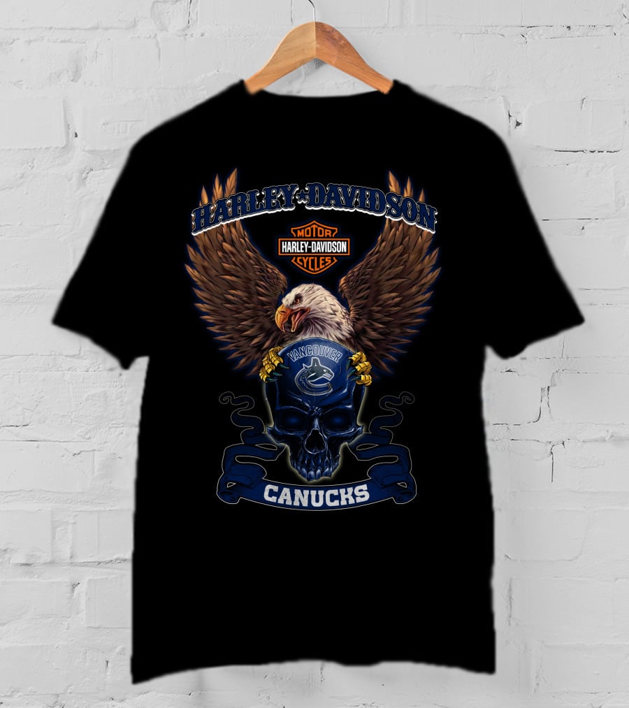 Harley Davidson Motor Cycles Vancouver Canucks Eagle Skull T-Shirt