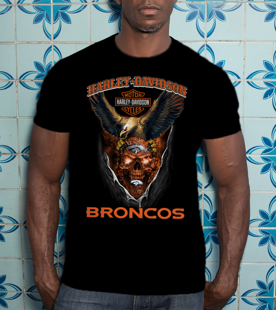 Harley Davidson Motor Cycles Eagle Skull Broncos T-Shirt