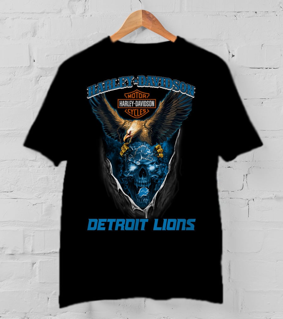 Harley Davidson Motor Cycles Detroit Lions Eagle Skull T-Shirt