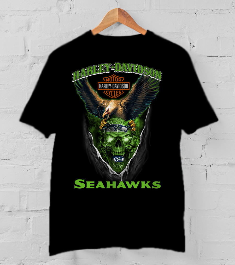 Harley Davidson Motor Cycles Seattle Seahawks Eagle Skull T-Shirt