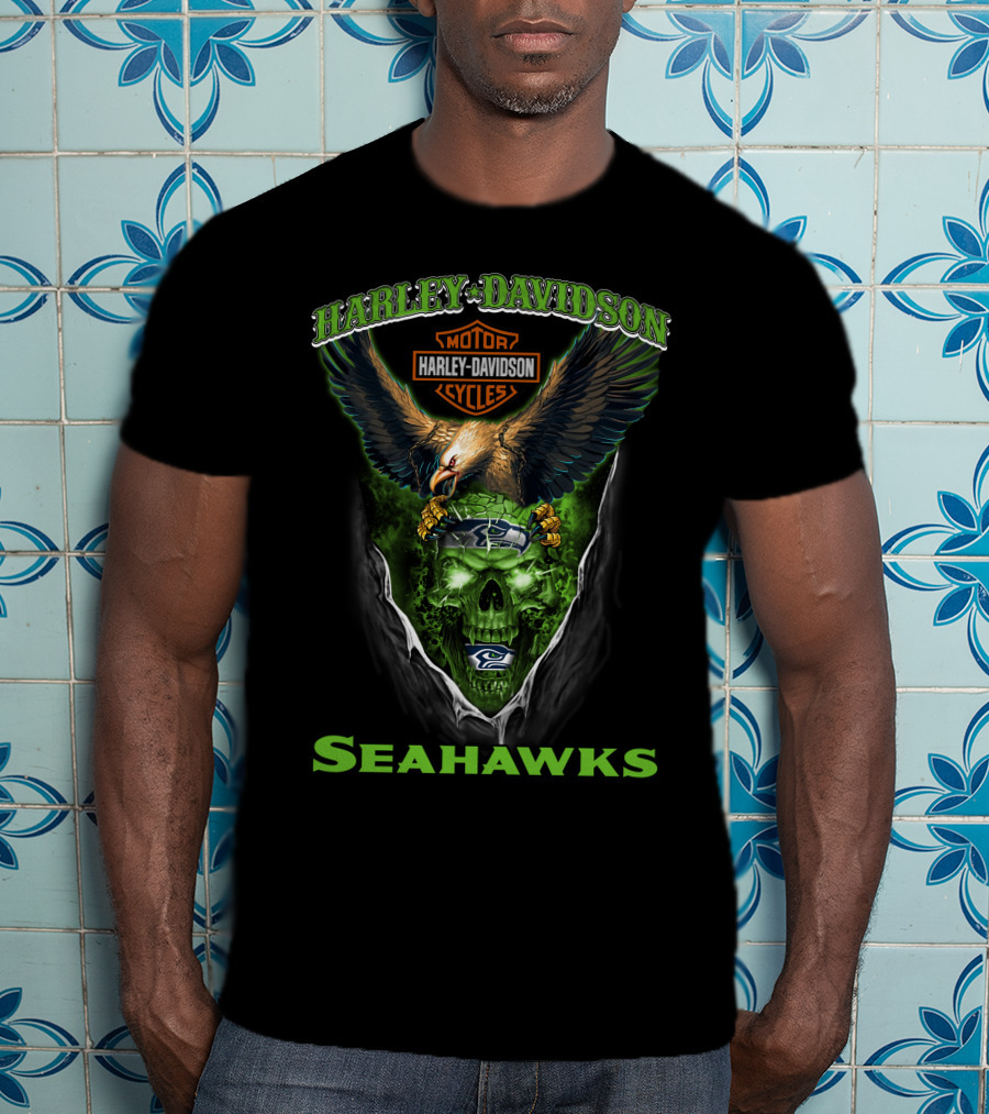 Harley Davidson Motor Cycles Seattle Seahawks Eagle Skull T-Shirt