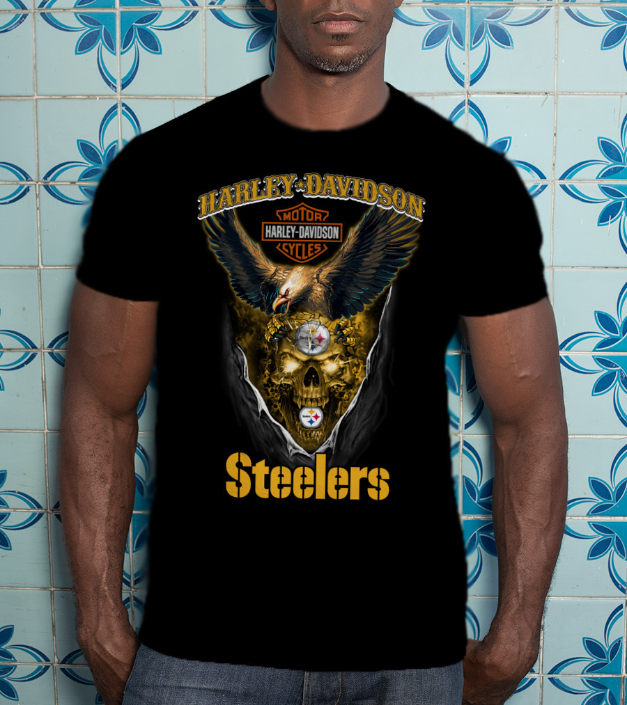 Harley Davidson Motor Cycles Pittsburgh Steelers Eagle Skull Nfl T-Shirt