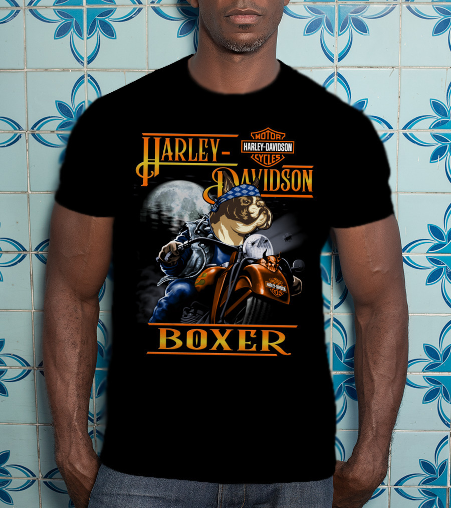 Harley Davidson Motorcycles Boxer Dog Riding Motorcycle Moon Scene T-Shirt
