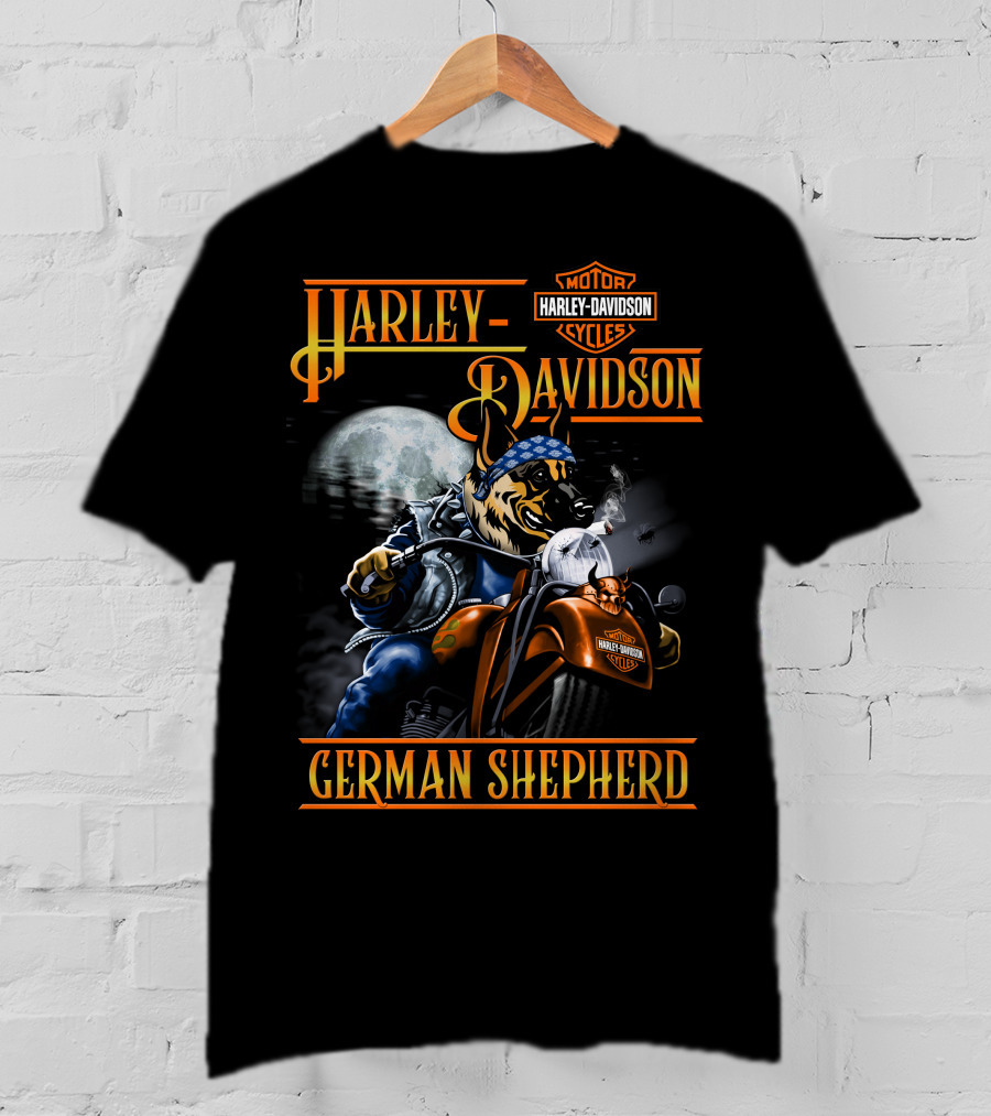 Harley Davidson Motor Cycles German Shepherd Riding Motorcycle Full Moon T-Shirt