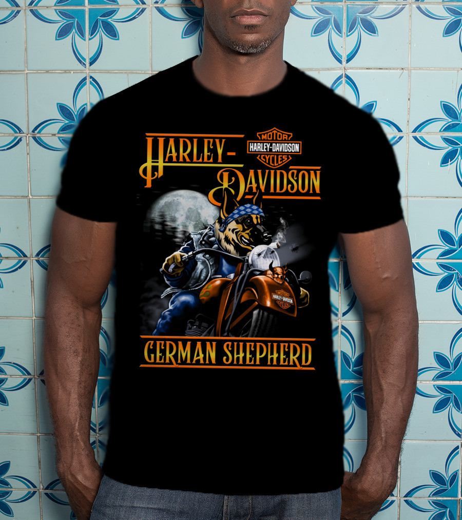 Harley Davidson Motor Cycles German Shepherd Riding Motorcycle Full Moon T-Shirt