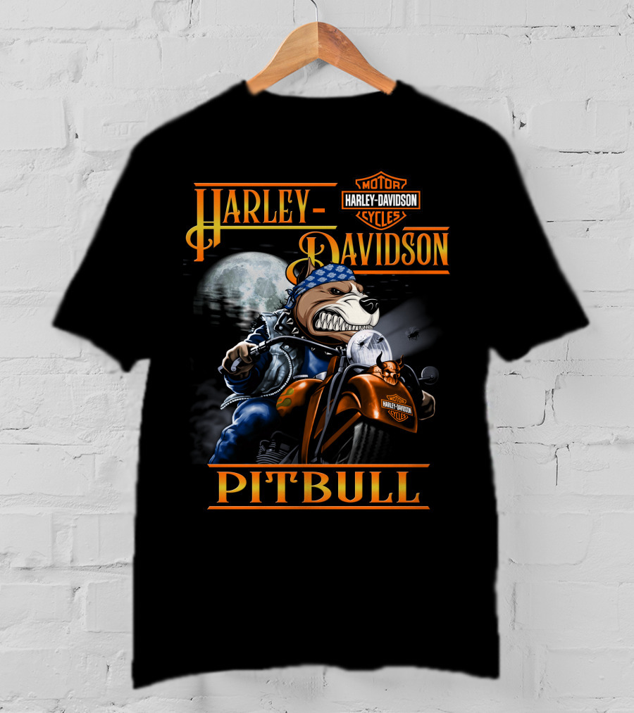 Harley Davidson Pitbull Motorcycle Rider Under Moonlight T-Shirt