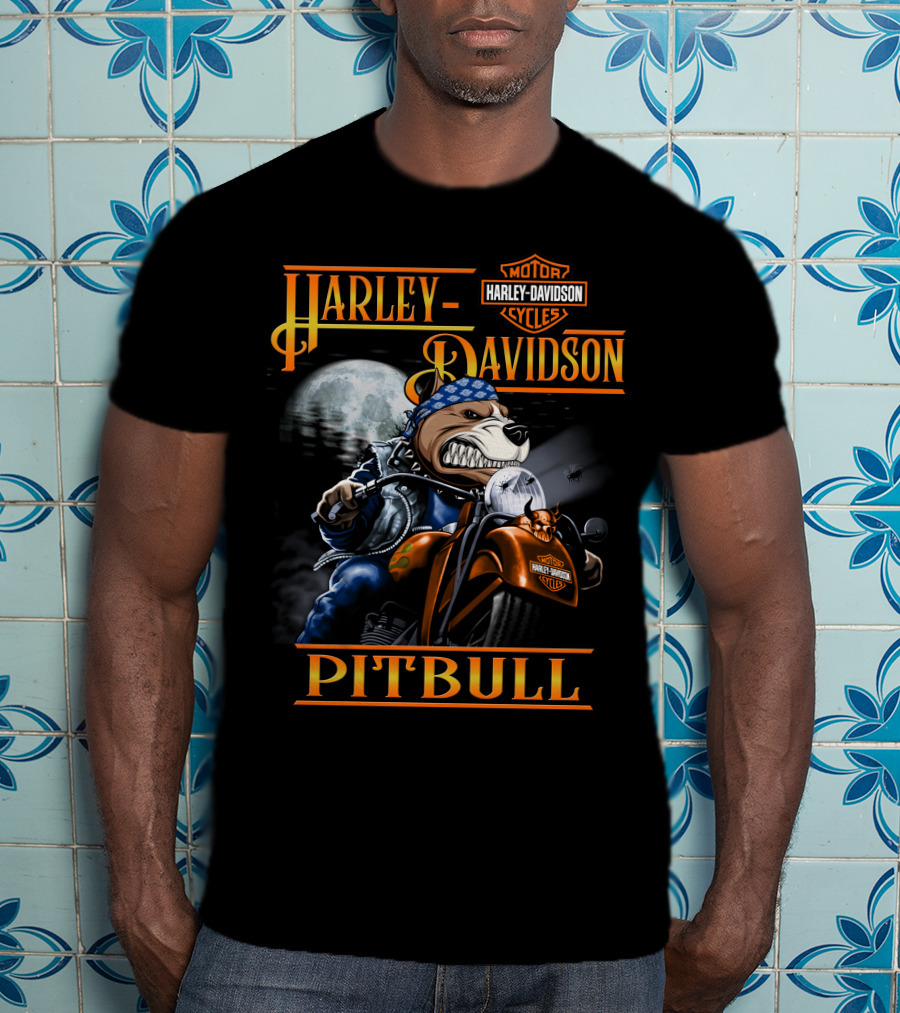 Harley Davidson Pitbull Motorcycle Rider Under Moonlight T-Shirt