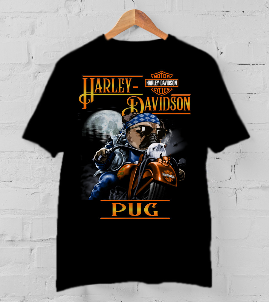 Harley Davidson Motor Cycles Pug Rider Moon Backdrop T-Shirt