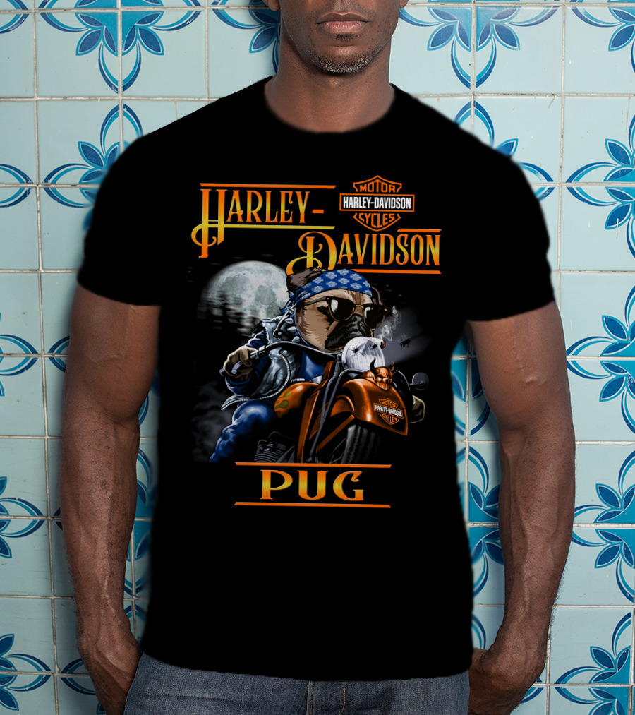 Harley Davidson Motor Cycles Pug Rider Moon Backdrop T-Shirt