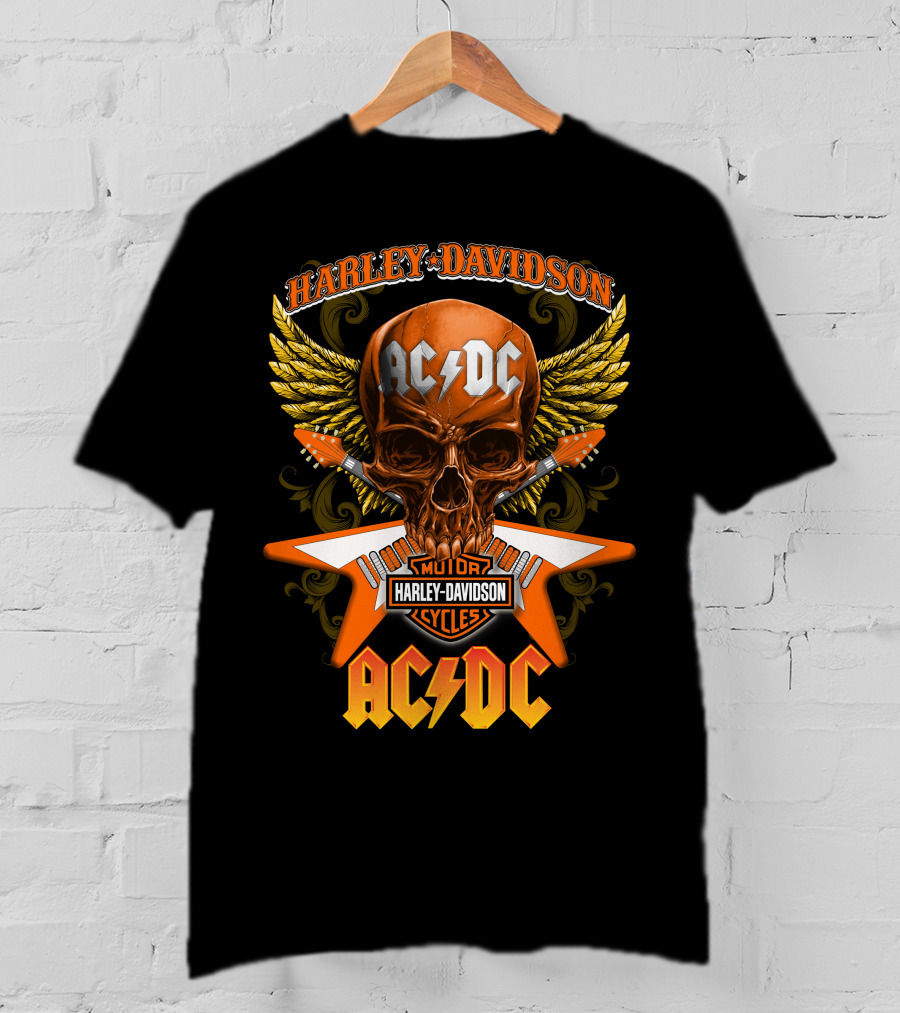 Harley Davidson Ac/Dc Motor Cycles Skull Wings T-Shirt
