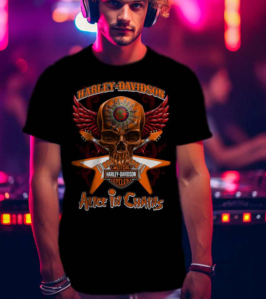 Harley Davidson Motor Cycles Skull Wings Alice In Chains T-Shirt