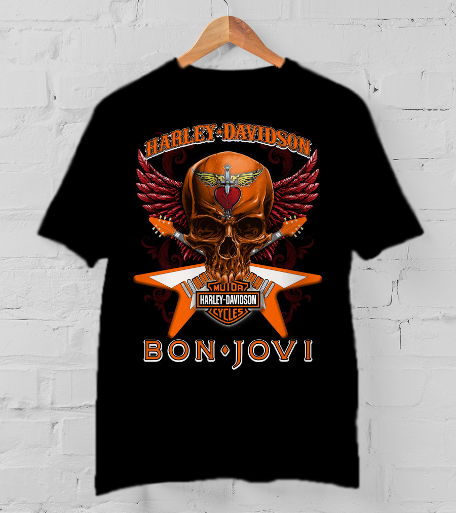 Harley Davidson Bon Jovi Skull Wings Guitar Cycles T-Shirt