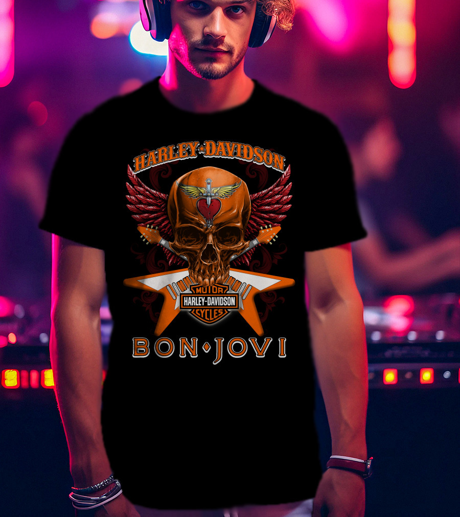 Harley Davidson Bon Jovi Skull Wings Guitar Cycles T-Shirt