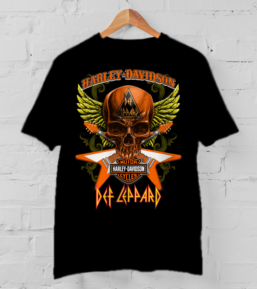 Harley Davidson Motorcycles Def Leppard Skull Wings Guitar T-Shirt