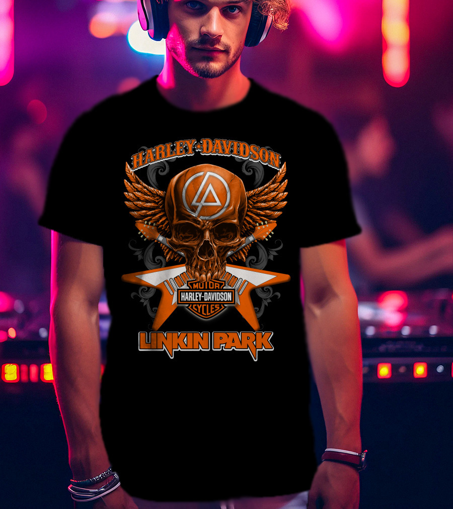 Linkin Park Harley Davidson Motor Cycles Skull Winged T-Shirt