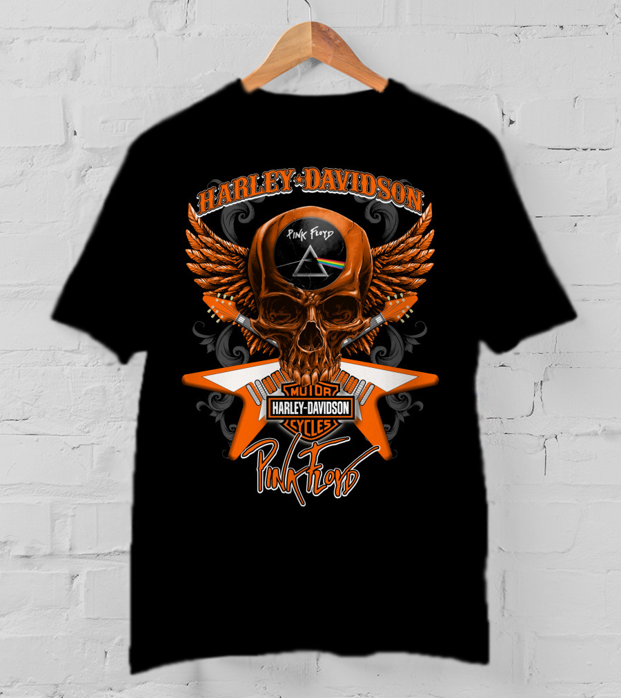 Harley Davidson Pink Floyd Skull Design With Prism And Wings T-Shirt