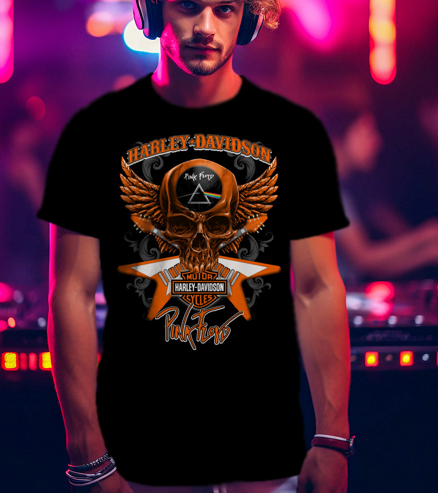 Harley Davidson Pink Floyd Skull Design With Prism And Wings T-Shirt