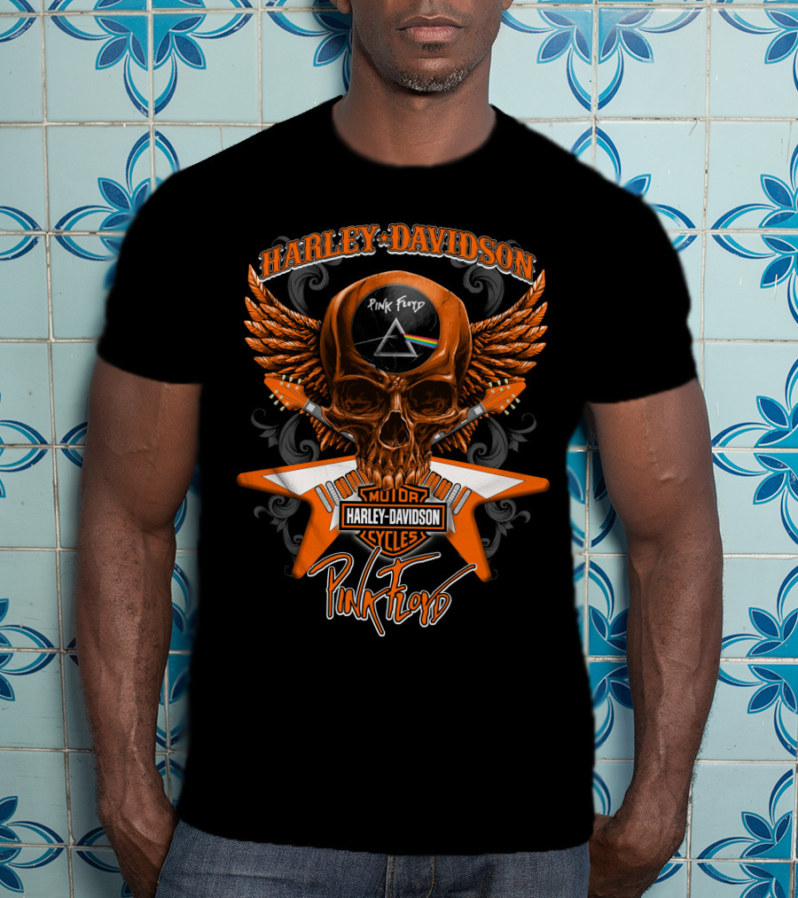 Harley Davidson Pink Floyd Skull Design With Prism And Wings T-Shirt