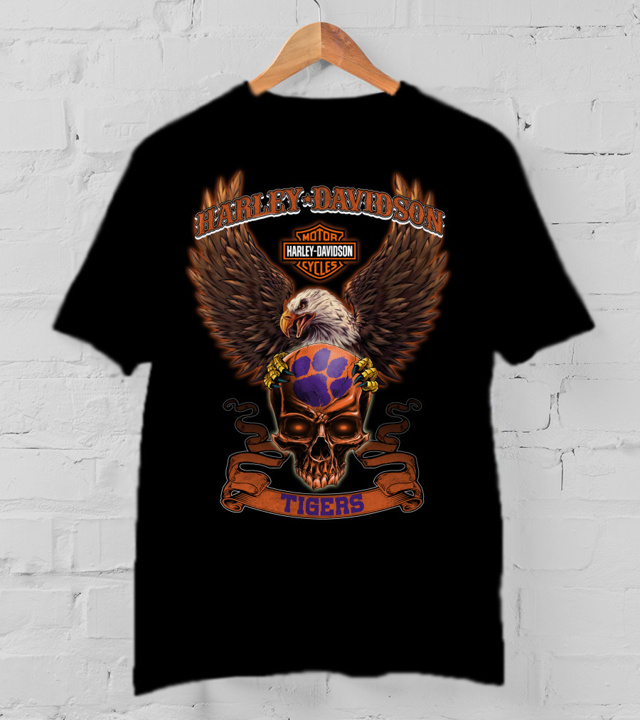 Harley Davidson Motor Cycles Eagle Skull Clemson Tigers T-Shirt