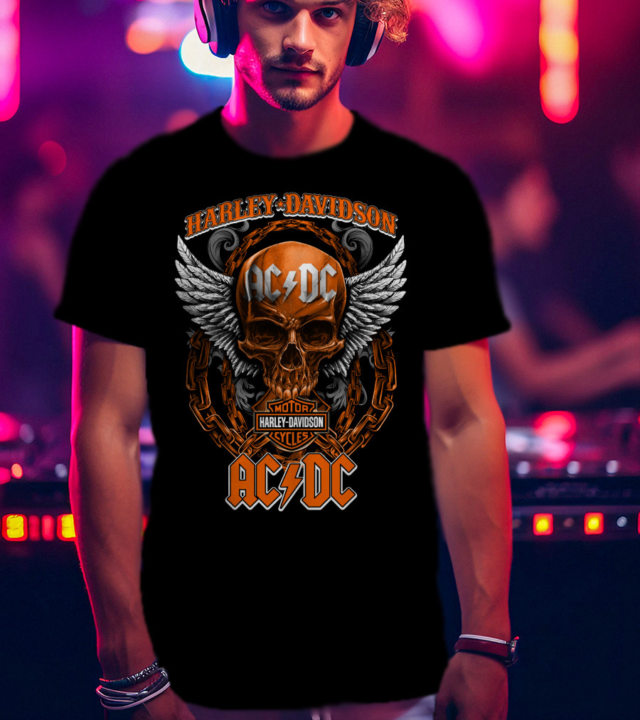 Harley Davidson Acdc Skull With Chains And Wings T-Shirt