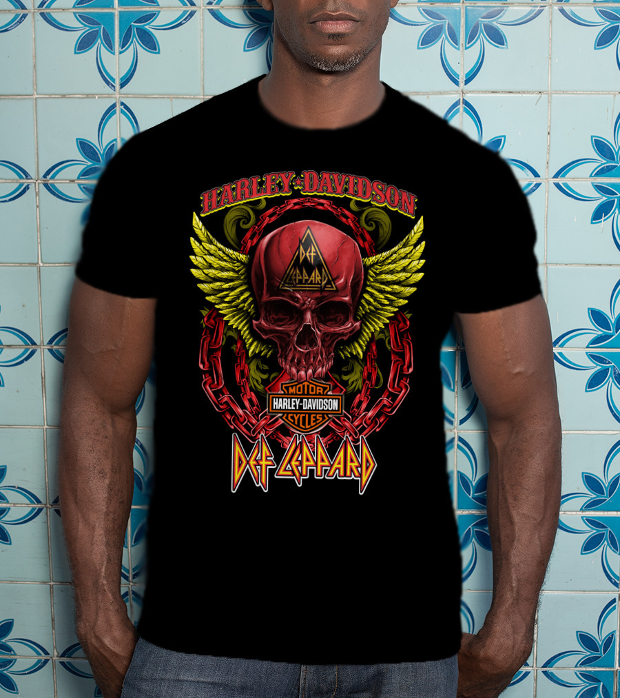 Harley Davidson Def Leppard Skull With Chains And Wings T-Shirt