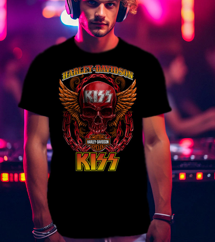 Harley Davidson Motorcycles Kiss Skull Wings Chains T-Shirt
